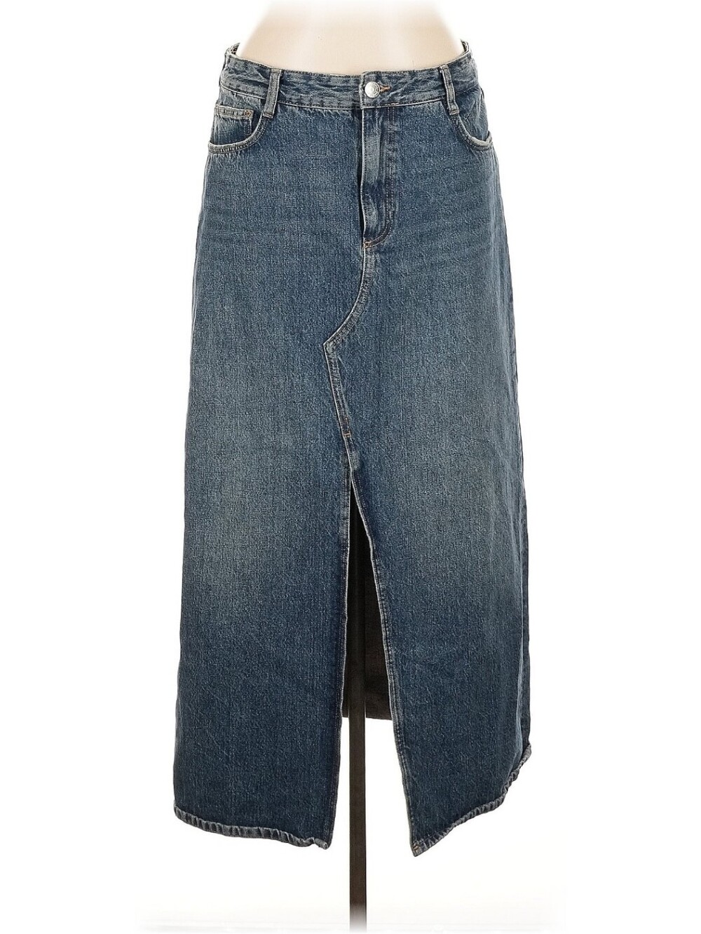 Zara High-Waist Denim Midi Skirt with Front Slit - Dark Blue